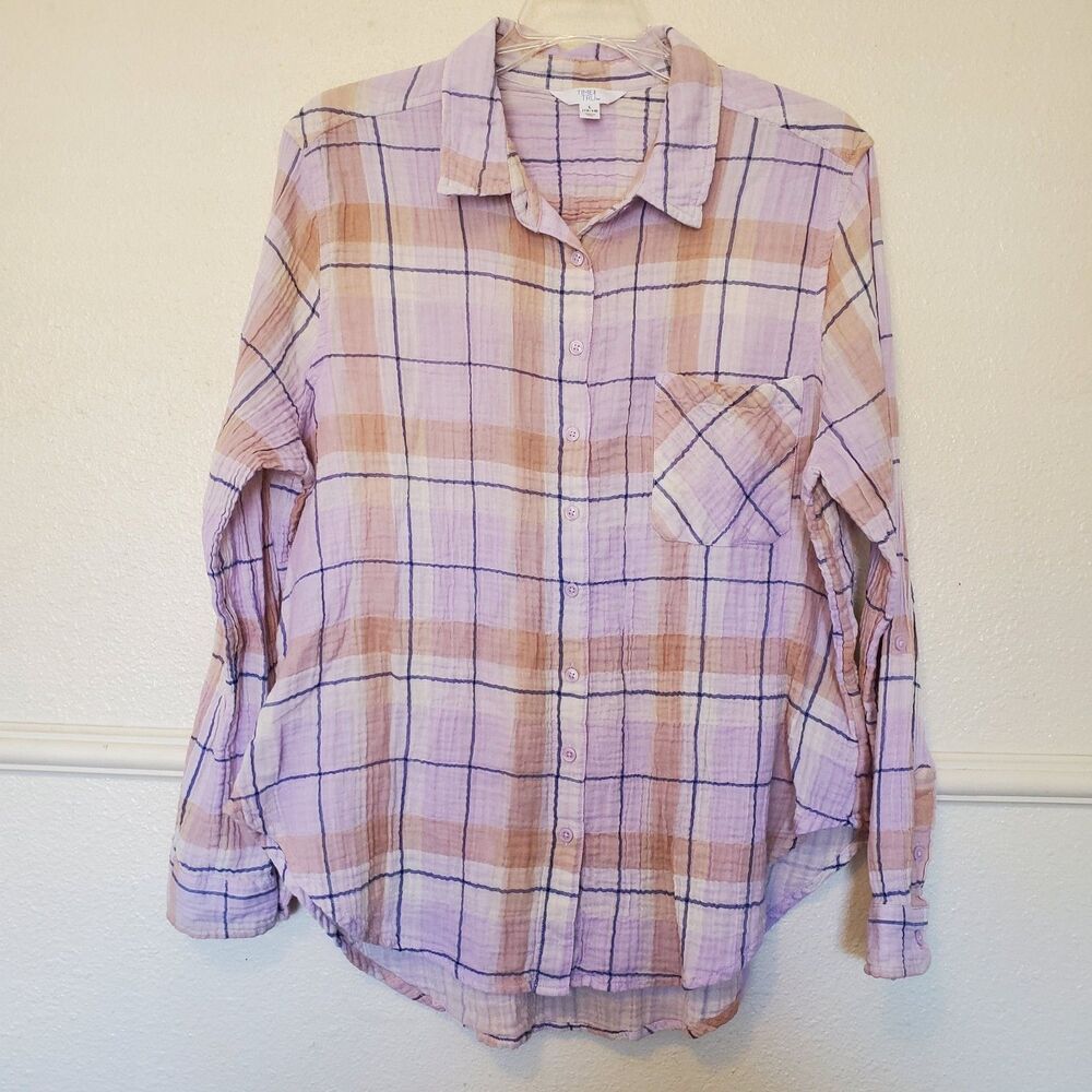 Time And Tru Plaid Shirt Button Up Seersucker Top With Pocket Womens Sz L Cotton